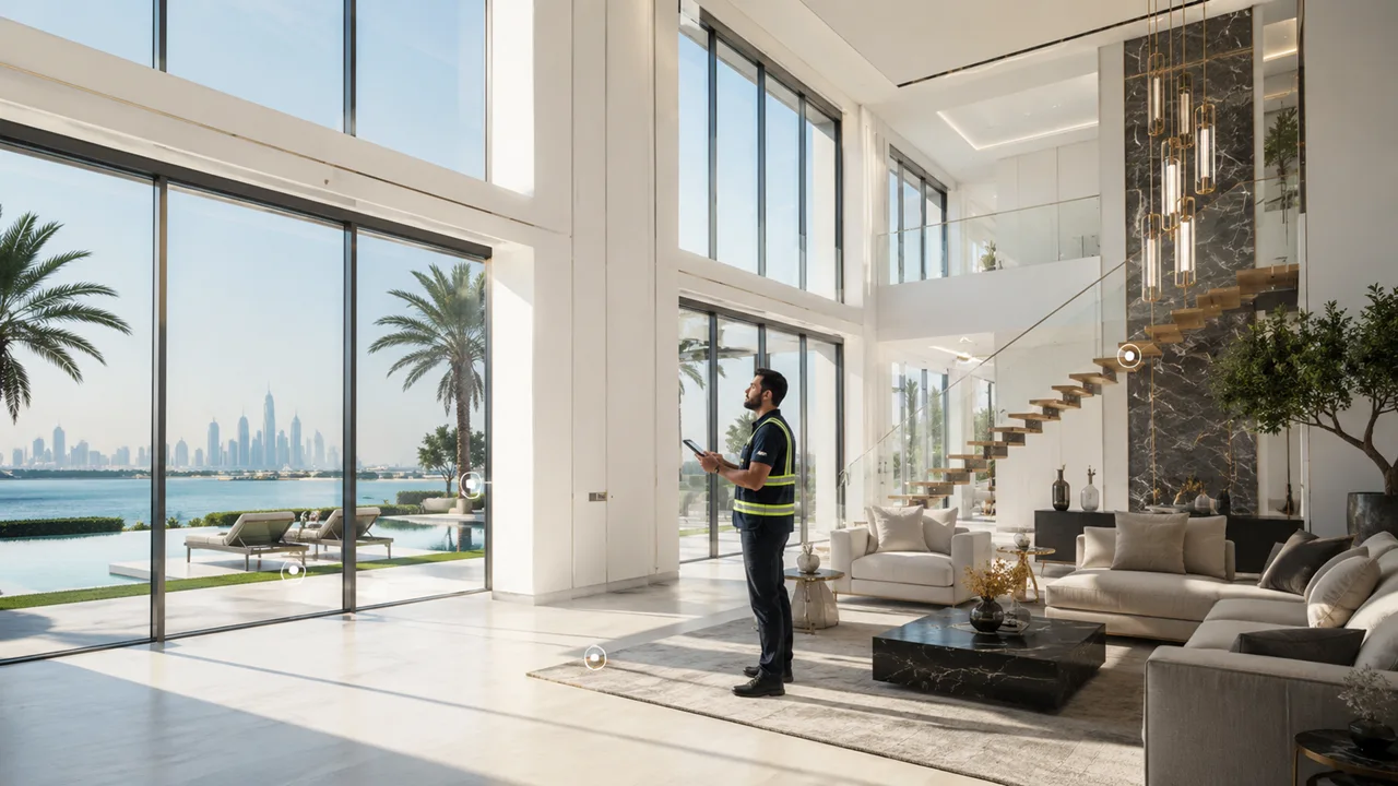 What Is Property Snagging showing a professional inspector assessing a luxury Dubai villa for defects and quality issues before handover Presented by Tohid Fetrat