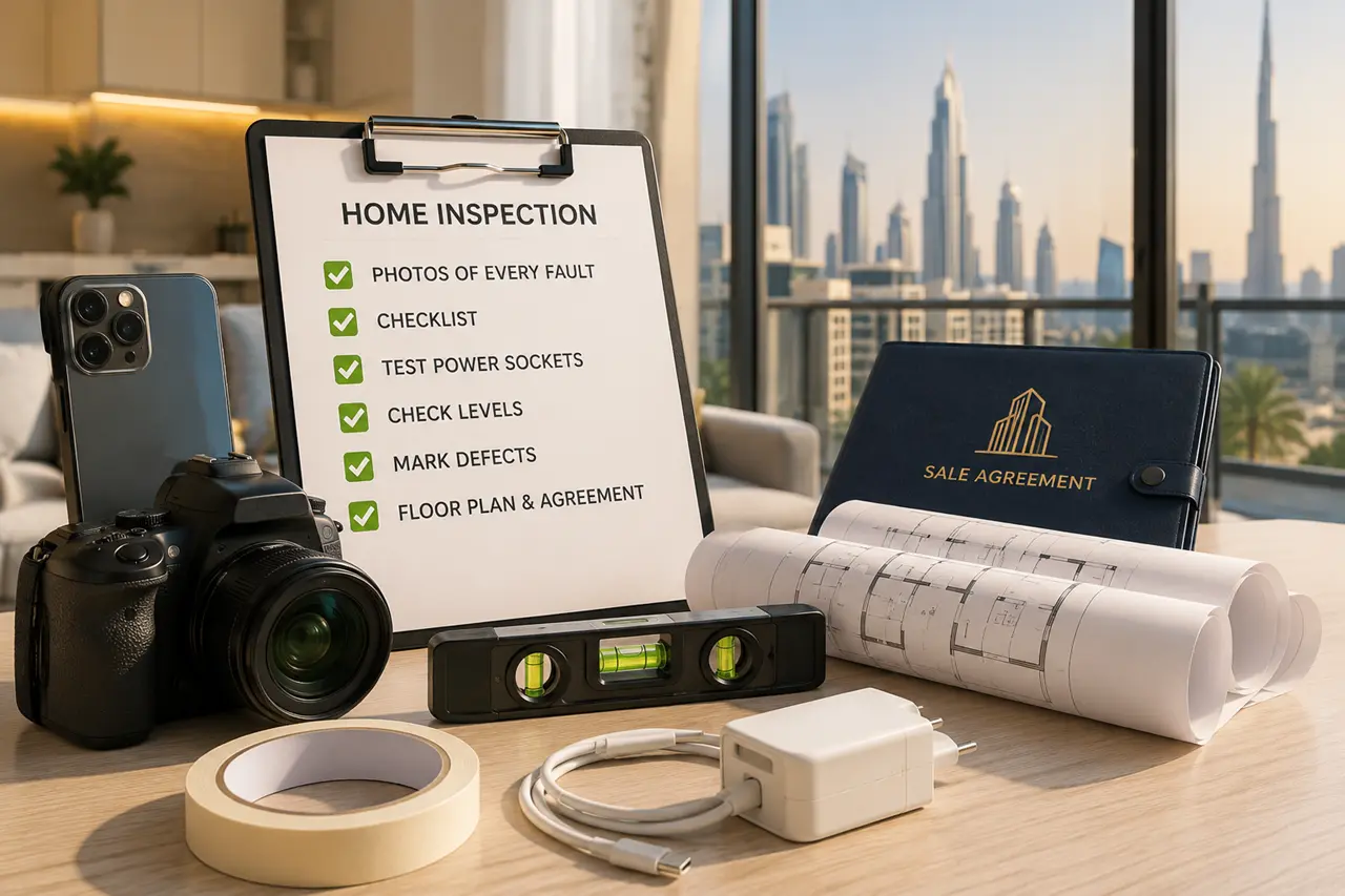 What to Bring for a Snagging Inspection in Dubai showing an inspection checklist camera floor plans agreement documents measuring tools and testing equipment Presented by Tohid Fetrat