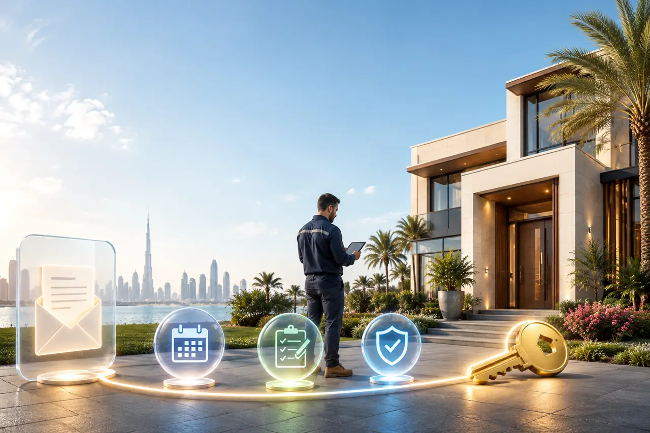 Visual timeline showing the ideal period to book a snagging inspection before property handover and key acceptance in Dubai Presented by Tohid Fetrat