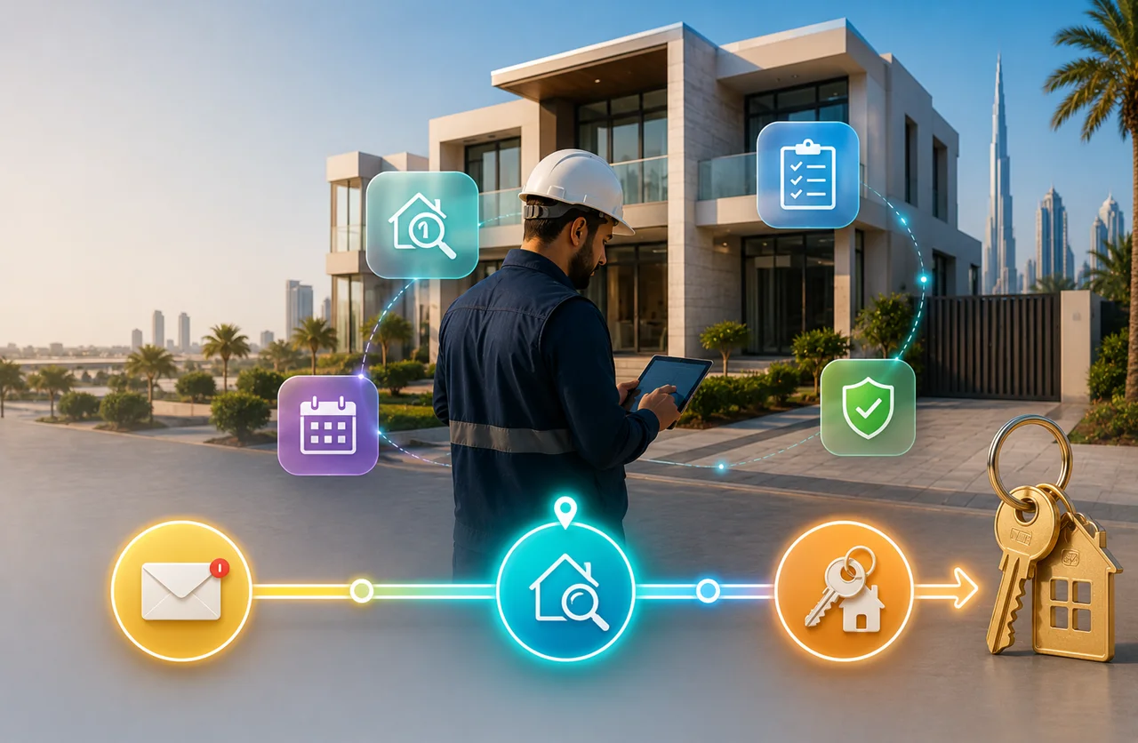 When To Book Your Snagging Inspection in Dubai showing the inspection timeline between handover notice and key collection for a luxury villa Presented by Tohid Fetrat