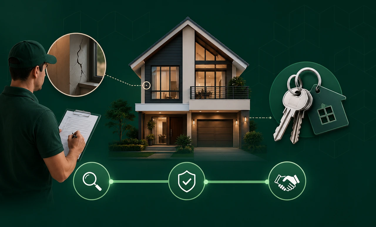 Where Snagging Fits in the Buying Journey showing a property inspection taking place between defect identification and final key handover during the home buying process Presented by Tohid Fetrat