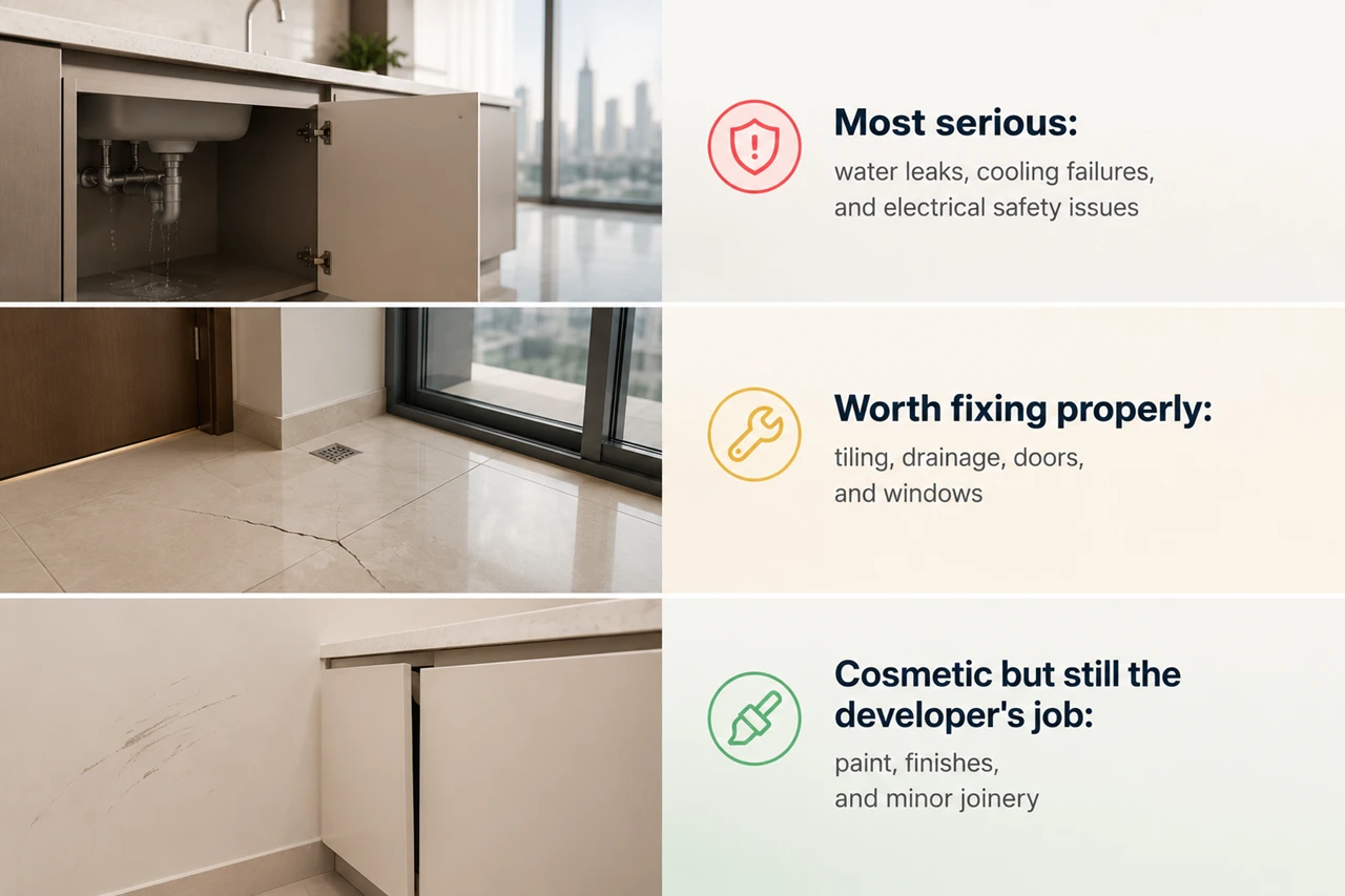 Which Defects Matter Most showing different categories of property defects including water leaks flooring damage paint defects and joinery issues ranked by inspection priority in Dubai Presented by Tohid Fetrat