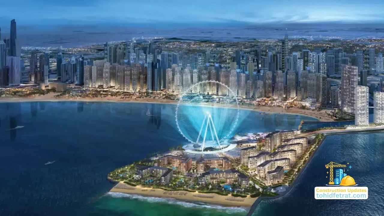 Why Bluewaters Island Construction Updates Matter for Dubai Property Investors featuring an aerial view of Bluewaters Island, Ain Dubai, waterfront development, and surrounding coastal districts Presented by Tohid Fetrat