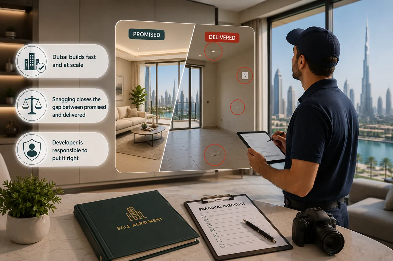 Why Snagging Matters More in Dubai illustrated through a comparison of promised specifications and delivered finishes during a luxury property inspection Presented by Tohid Fetrat