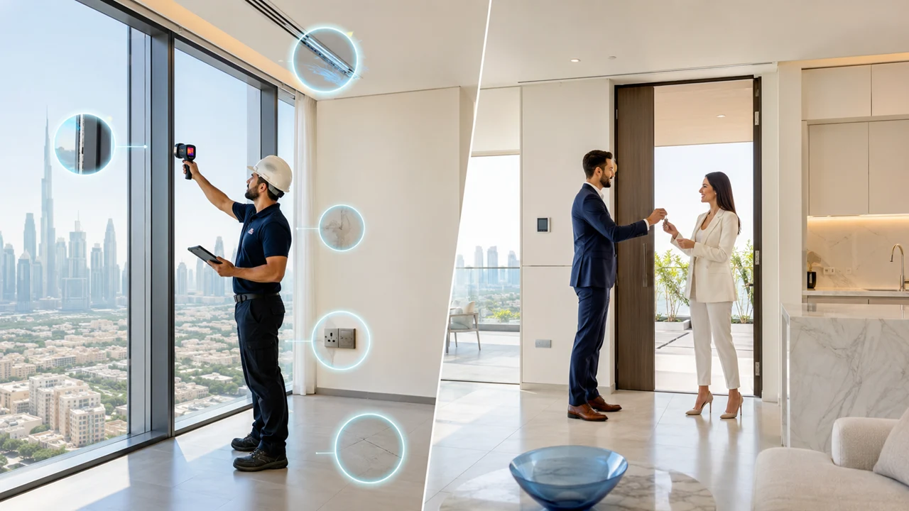 Why You Need Both showing an independent snagging inspection identifying property defects before a separate handover process and key transfer in Dubai Presented by Tohid Fetrat