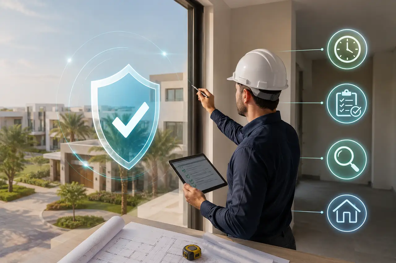 Professional snagging inspector carrying out a pre handover property inspection in a Dubai residential community before key acceptance Presented by Tohid Fetrat