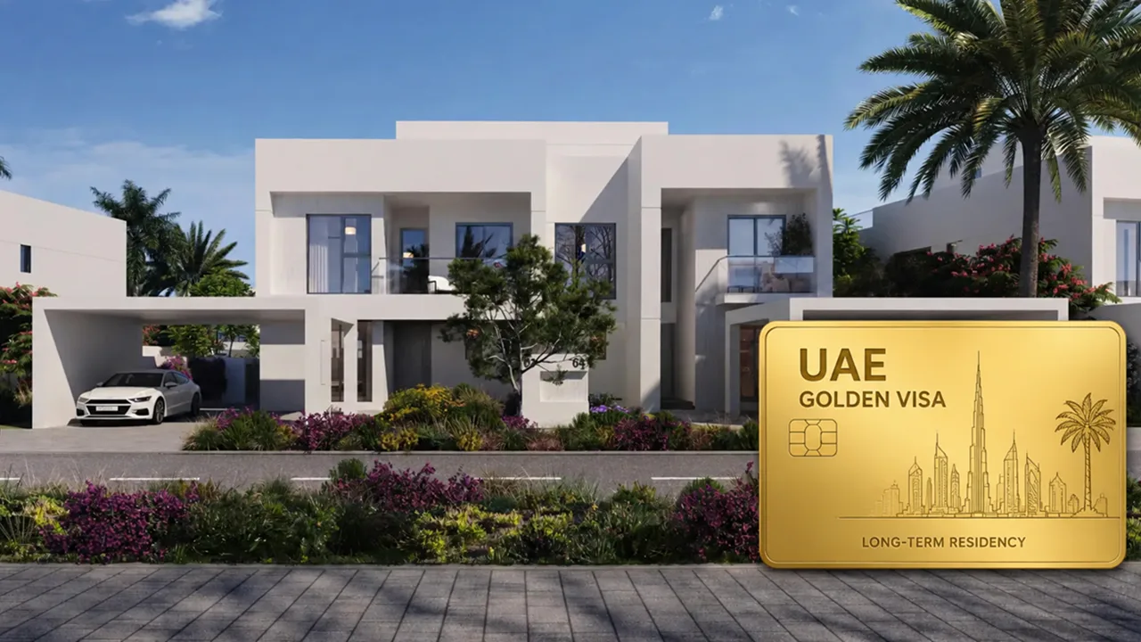 Alana at The Valley Golden Visa eligibility featuring a modern luxury villa and UAE Golden Visa card in Dubai Presented by Tohid Fetrat