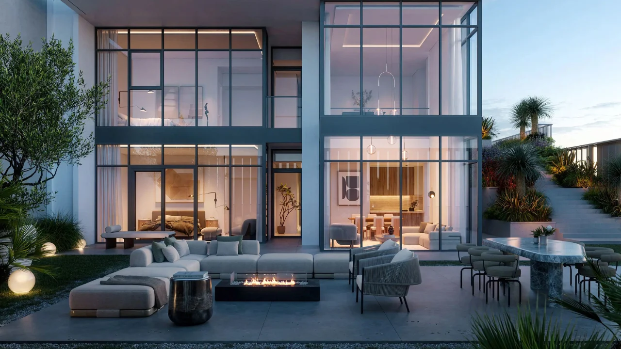 ANWA Aria by OMNIYAT luxury duplex residence with floor to ceiling glass facade private outdoor lounge and contemporary architecture in Dubai Presented by Tohid Fetrat