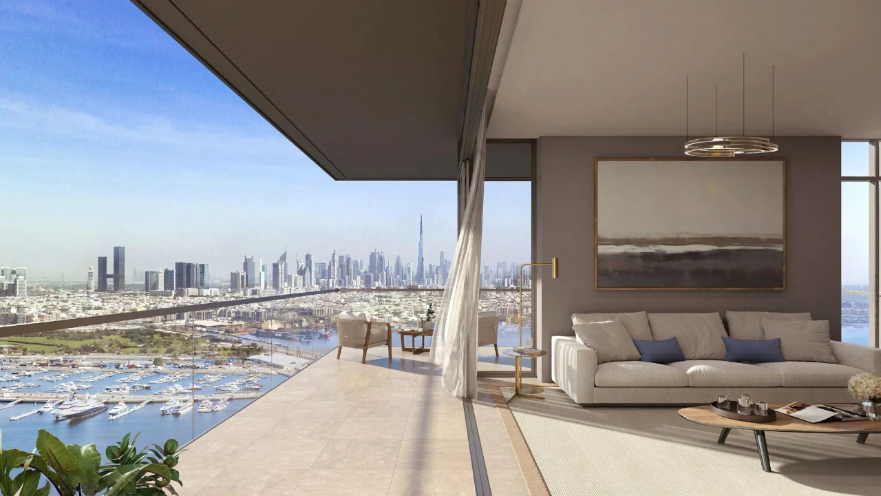ANWA Aria by OMNIYAT luxury living room with expansive balcony overlooking Dubai skyline and waterfront marina in Dubai Presented by Tohid Fetrat