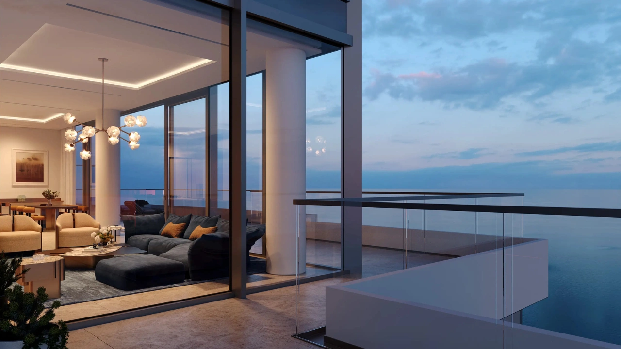 ANWA Aria by OMNIYAT luxury living room with floor to ceiling glass windows spacious balcony and panoramic sea views in Dubai Presented by Tohid Fetrat