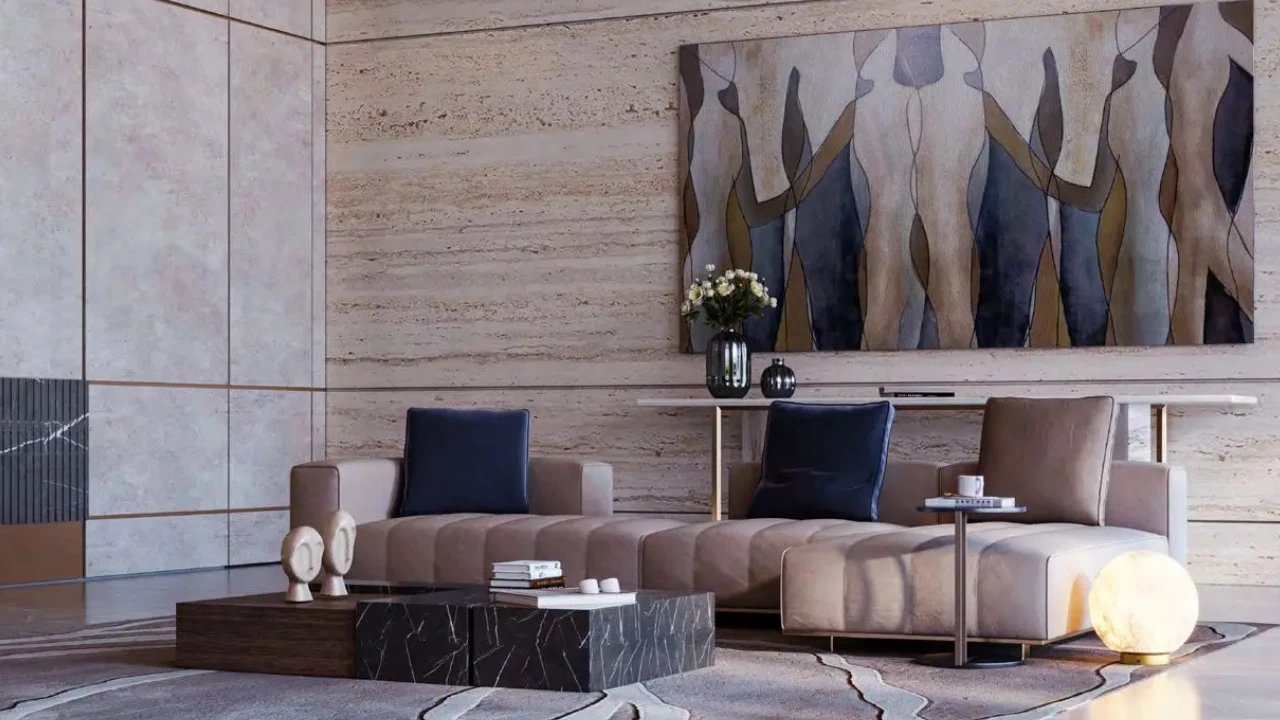 ANWA Aria by OMNIYAT luxury lobby interior with natural stone walls contemporary lounge seating and elegant lighting in Dubai Presented by Tohid Fetrat
