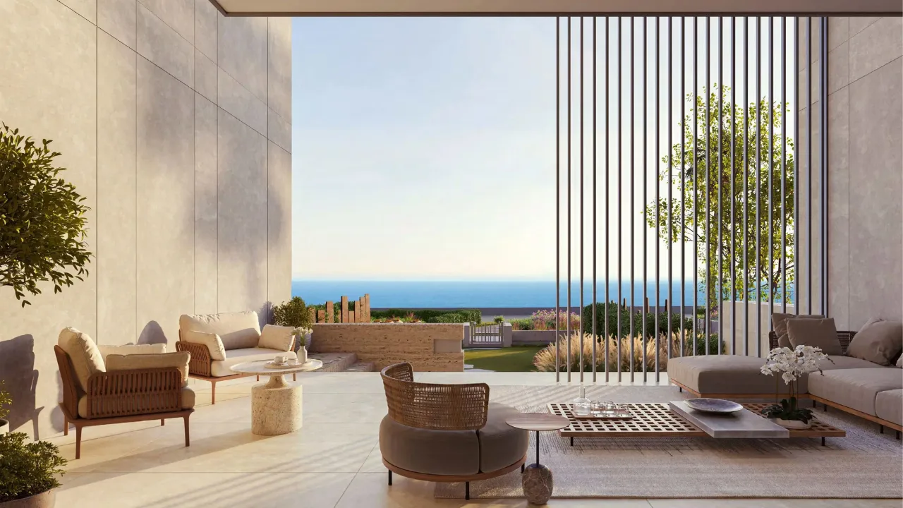 ANWA Aria by OMNIYAT open air lounge with luxury seating landscaped surroundings and panoramic sea views in Dubai Presented by Tohid Fetrat