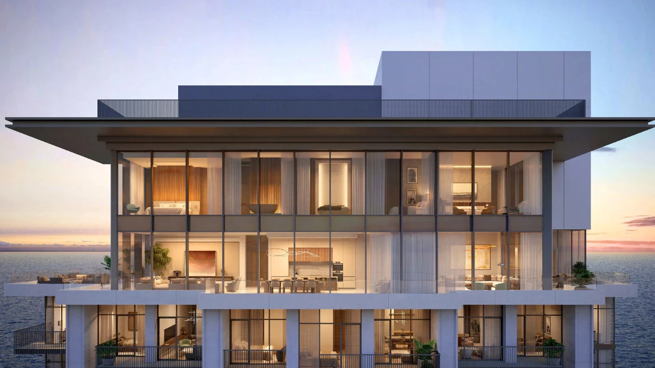 ANWA Aria by OMNIYAT luxury penthouse exterior with floor to ceiling glass facade panoramic sea views and contemporary architecture in Dubai Presented by Tohid Fetrat