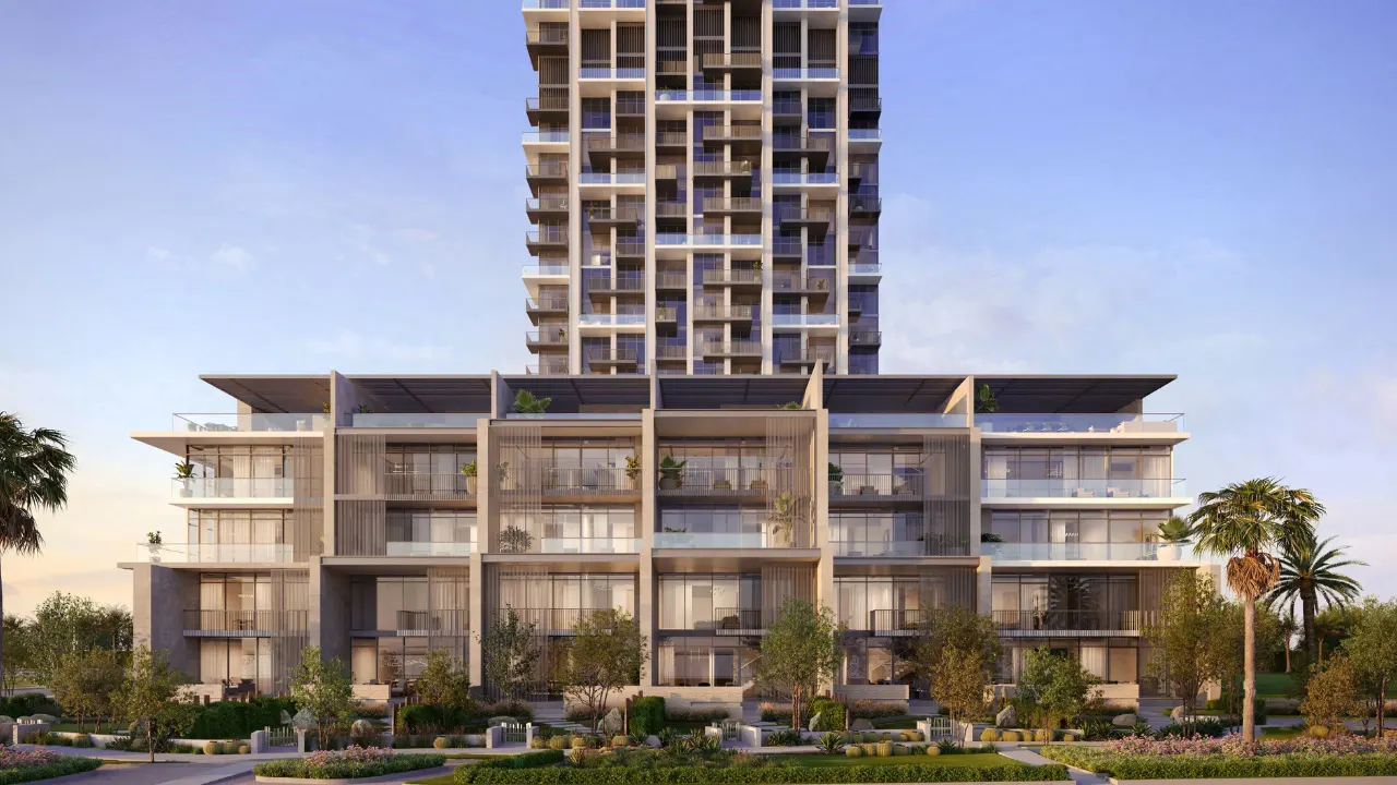 ANWA Aria by OMNIYAT contemporary podium residences with landscaped gardens spacious balconies and modern waterfront architecture in Dubai Presented by Tohid Fetrat
