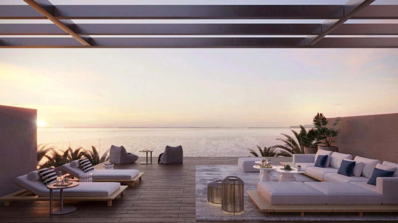 ANWA Aria by OMNIYAT luxury rooftop terrace with outdoor lounge seating panoramic waterfront views and sunset atmosphere in Dubai Presented by Tohid Fetrat