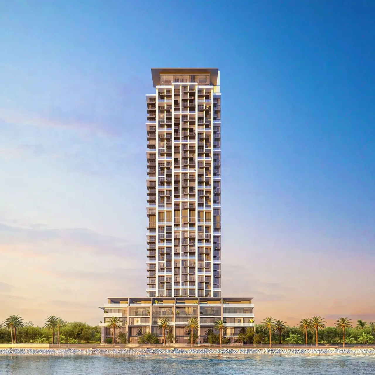 ANWA Aria by OMNIYAT elegant waterfront residential tower with contemporary architecture and landscaped palm lined surroundings in Dubai Presented by Tohid Fetrat