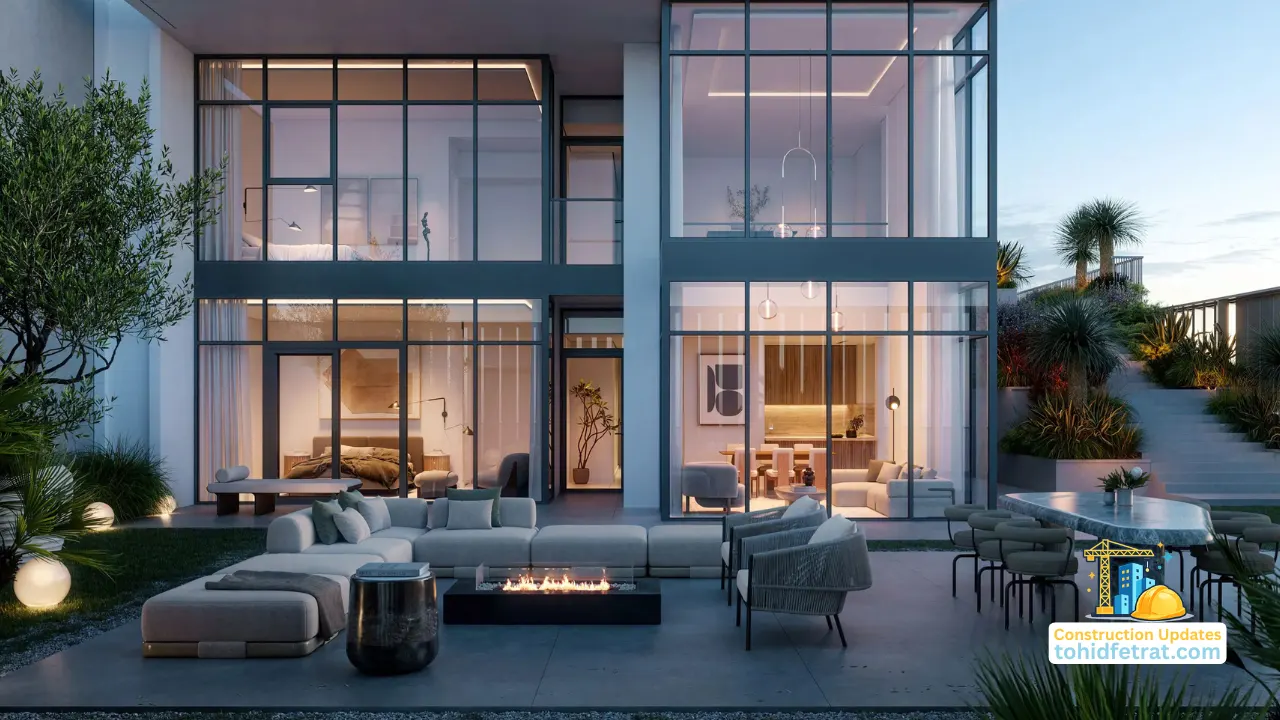 ANWA Aria by OMNIYAT July 2026 Construction Updates featuring a luxury duplex residence with floor to ceiling glass facade and landscaped outdoor living area in Dubai Presented by Tohid Fetrat
