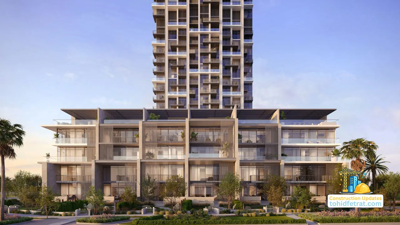 ANWA Aria by OMNIYAT March 2026 Construction Updates featuring contemporary podium residences with landscaped gardens and modern waterfront architecture in Dubai Presented by Tohid Fetrat