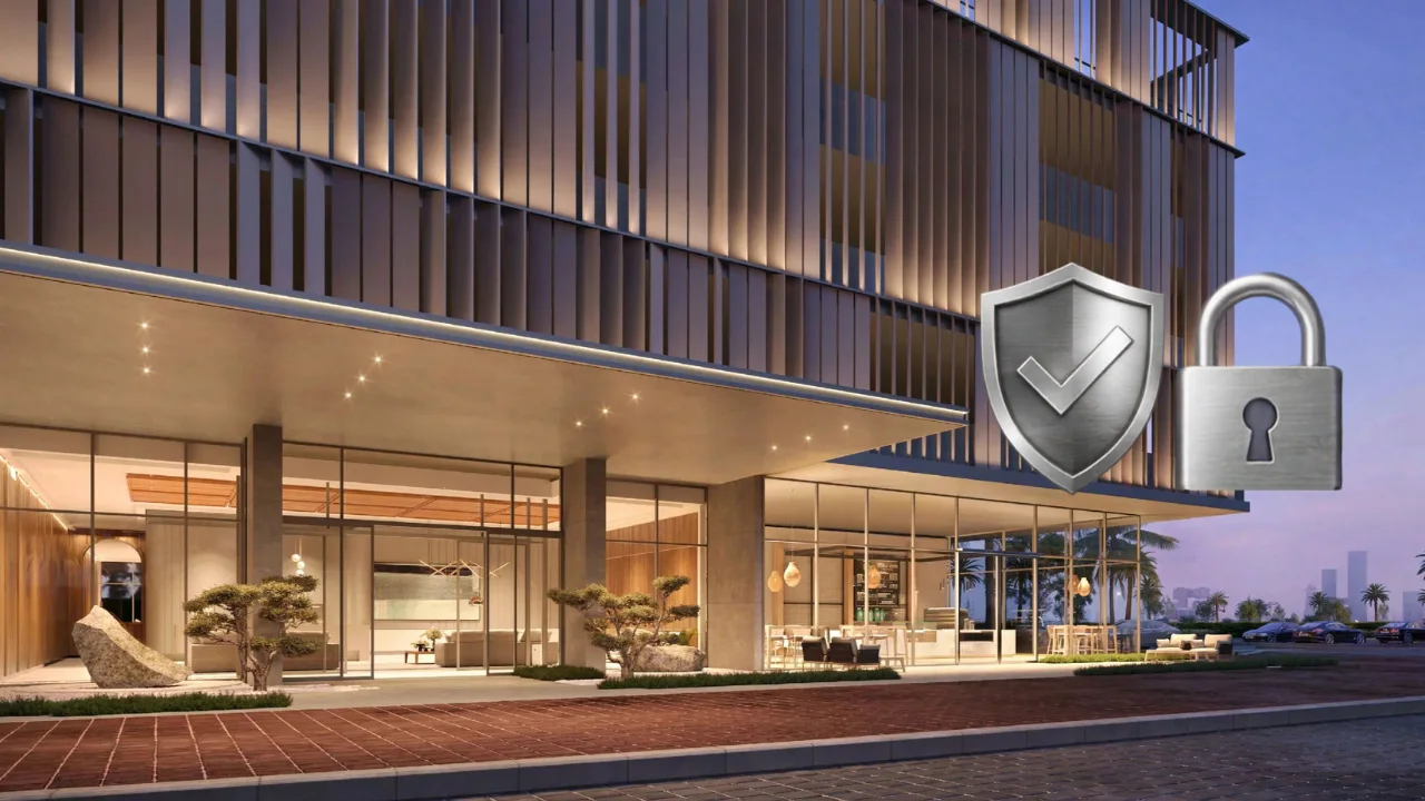 ANWA Aria by OMNIYAT escrow account illustration with luxury building entrance and secure residential environment in Dubai Presented by Tohid Fetrat