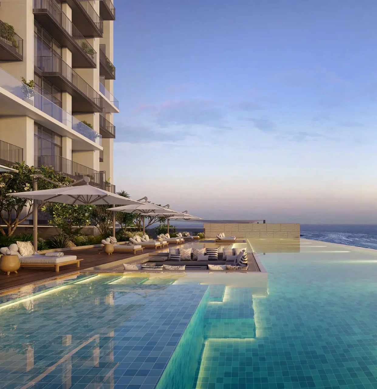 ANWA Aria by OMNIYAT infinity swimming pool with luxury seafront leisure deck and waterfront amenities in Dubai Presented by Tohid Fetrat