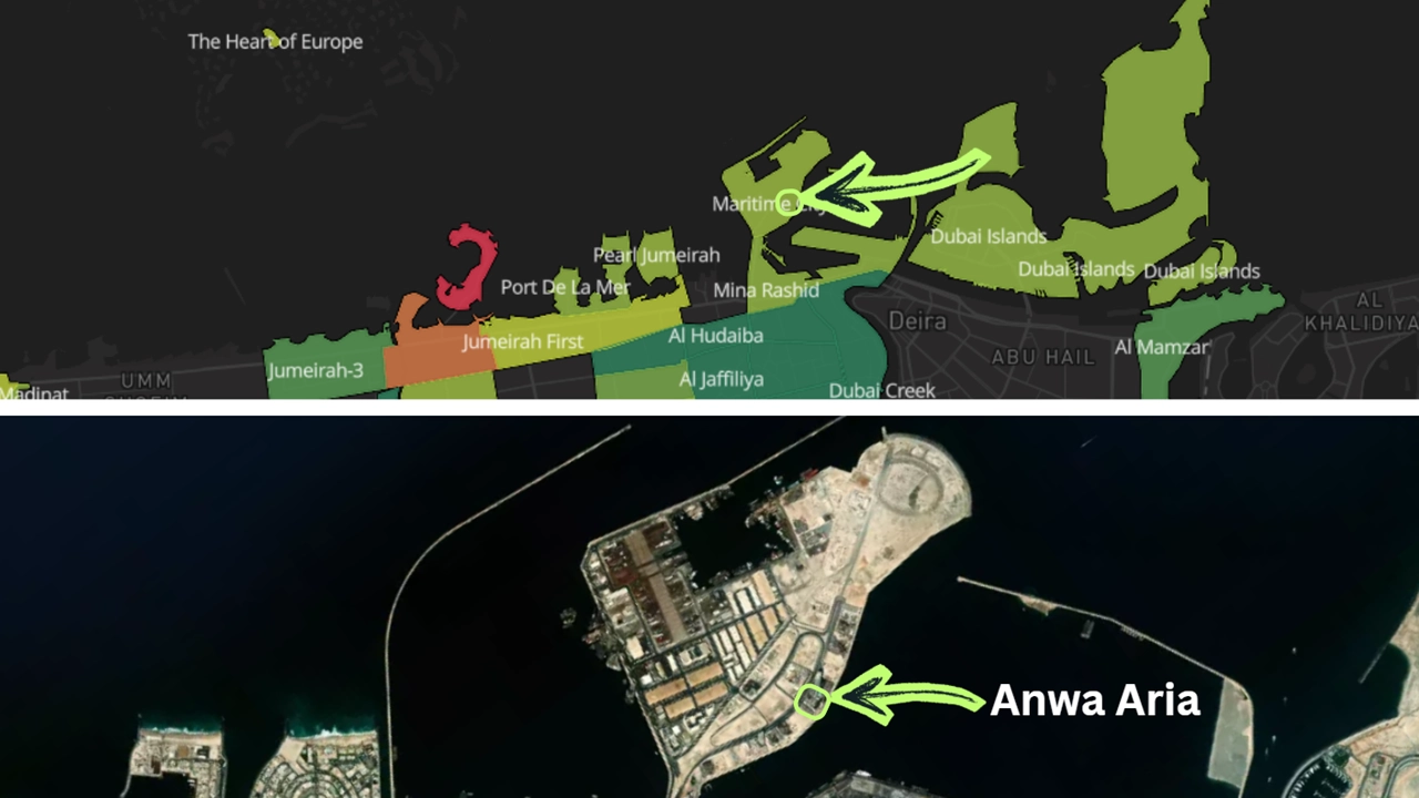 ANWA Aria by OMNIYAT location within Dubai Maritime City showing its position on the Dubai map and master plan in Dubai Presented by Tohid Fetrat