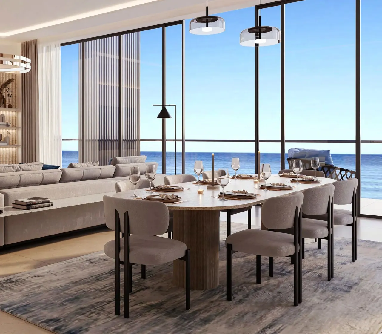 ANWA Aria by OMNIYAT luxury dining and living room with floor to ceiling windows and panoramic Gulf views in Dubai Presented by Tohid Fetrat