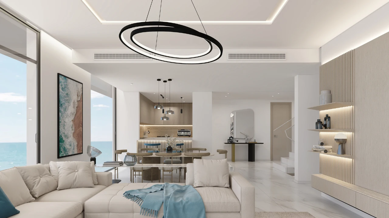 ANWA Aria by OMNIYAT luxury open plan living and dining area with contemporary kitchen floor to ceiling windows and sea views in Dubai Presented by Tohid Fetrat