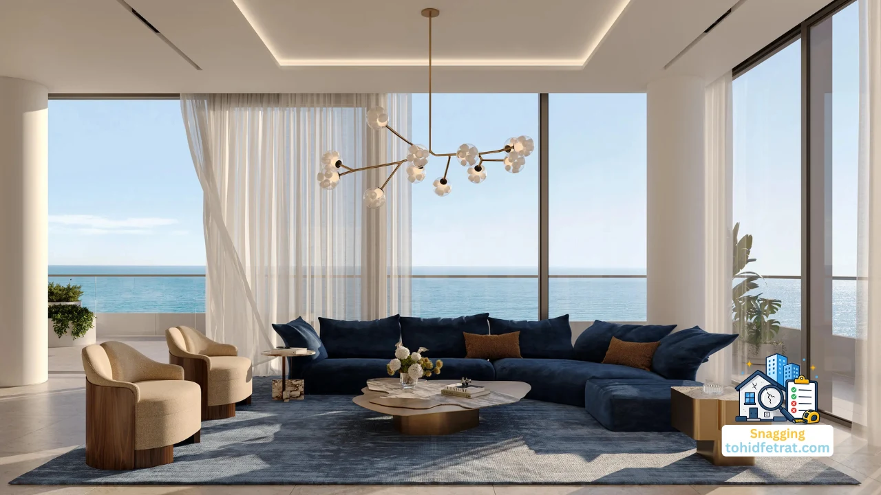ANWA Aria by OMNIYAT luxury living room prepared for snagging inspection with panoramic sea views and contemporary interior design in Dubai Presented by Tohid Fetrat