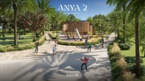 Anya 2 at Arabian Ranches 3 by Emaar Properties adventure playground with skate park, children's play area, landscaped gardens, and palm trees in Dubai - Presented by Tohid Fetrat