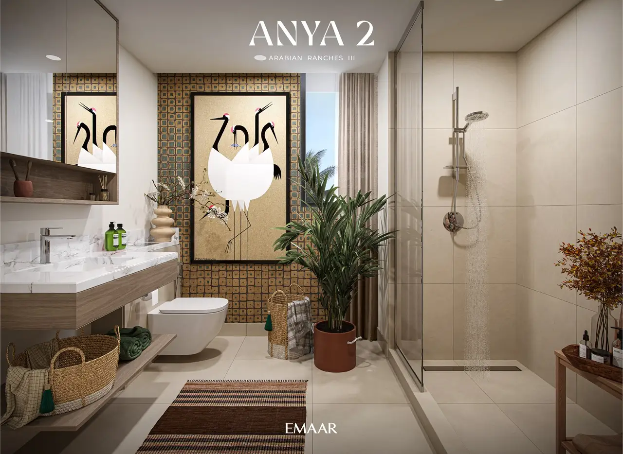 Anya 2 at Arabian Ranches 3 by Emaar Properties contemporary bathroom interior with walk in shower, premium vanity, elegant finishes, and decorative artwork in Dubai - Presented by Tohid Fetrat