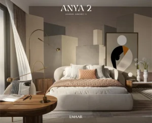 Anya 2 at Arabian Ranches 3 by Emaar Properties modern bedroom interior with contemporary furniture, warm neutral tones, designer lighting, and elegant artwork in Dubai - Presented by Tohid Fetrat