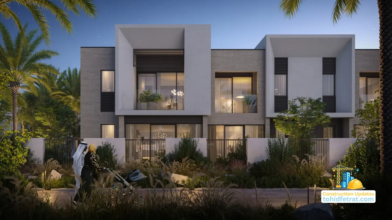 Anya 2 at Arabian Ranches 3 by Emaar Properties contemporary townhouse exterior at dusk featured for construction updates in Dubai - Presented by Tohid Fetrat
