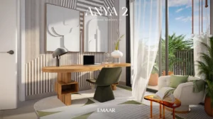 Anya 2 at Arabian Ranches 3 by Emaar Properties contemporary home office interior with a wooden desk, designer chair, modern décor, and floor to ceiling windows in Dubai - Presented by Tohid Fetrat