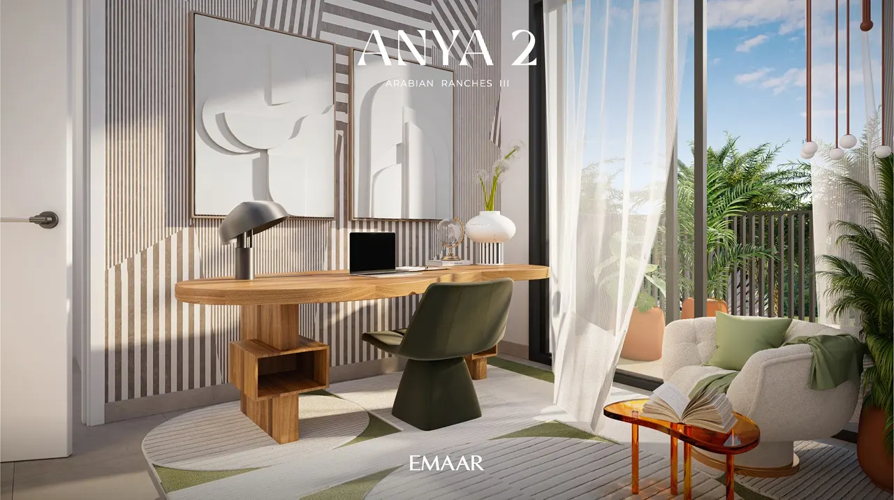 Anya 2 at Arabian Ranches 3 by Emaar Properties contemporary home office interior with a wooden desk, designer chair, modern décor, and floor to ceiling windows in Dubai - Presented by Tohid Fetrat