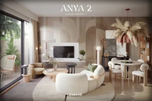 Anya 2 at Arabian Ranches 3 by Emaar Properties contemporary living and dining interior with elegant furniture, modern décor, large windows, and warm neutral finishes in Dubai - Presented by Tohid Fetrat