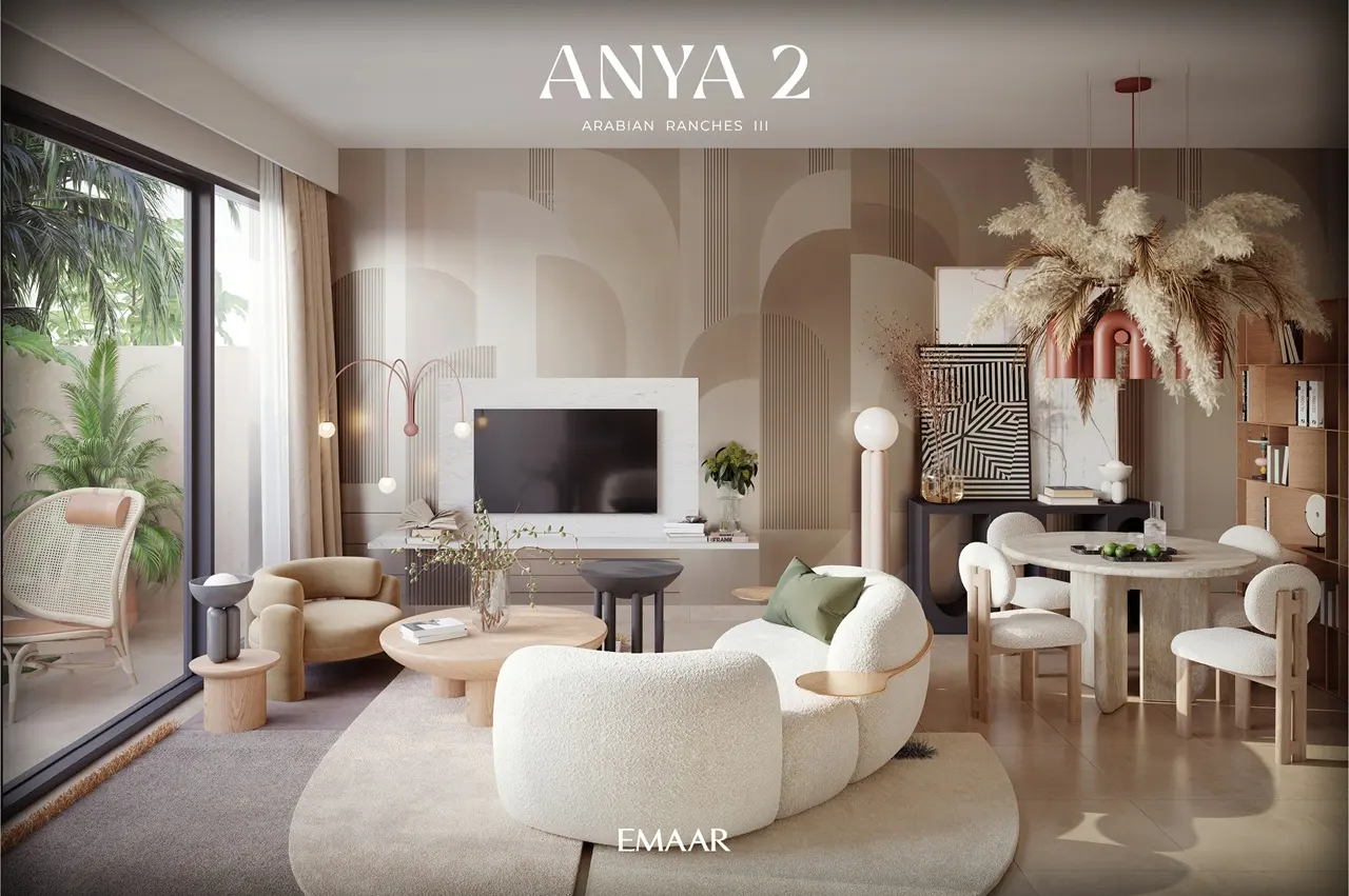 Anya 2 at Arabian Ranches 3 by Emaar Properties contemporary living and dining interior with elegant furniture, modern décor, large windows, and warm neutral finishes in Dubai - Presented by Tohid Fetrat