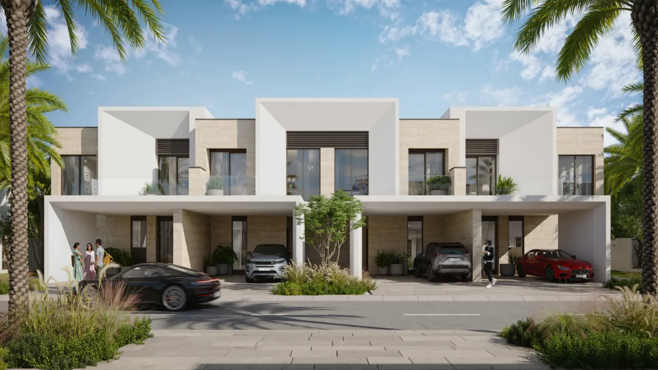 Anya 2 at Arabian Ranches 3 by Emaar Properties contemporary townhouse exterior with modern architecture, landscaped frontage, covered parking, and palm lined streetscape in Dubai - Presented by Tohid Fetrat