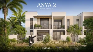 Anya 2 at Arabian Ranches 3 by Emaar Properties contemporary townhouse overlooking landscaped gardens with modern architecture, private balconies, and lush greenery in Dubai - Presented by Tohid Fetrat