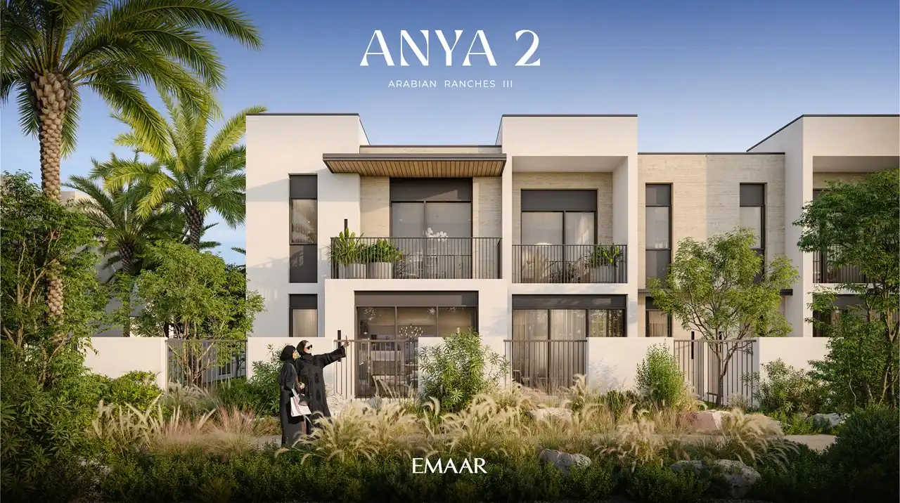 Anya 2 at Arabian Ranches 3 by Emaar Properties contemporary townhouse overlooking landscaped gardens with modern architecture, private balconies, and lush greenery in Dubai - Presented by Tohid Fetrat