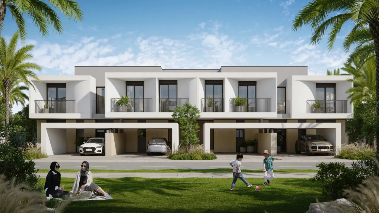 Anya 2 at Arabian Ranches 3 by Emaar Properties contemporary townhouses overlooking landscaped green spaces with modern architecture and covered parking in Dubai - Presented by Tohid Fetrat
