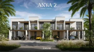 Anya 2 at Arabian Ranches 3 by Emaar Properties contemporary townhouses with landscaped streetscape, modern architecture, covered parking, and palm trees in Dubai - Presented by Tohid Fetrat
