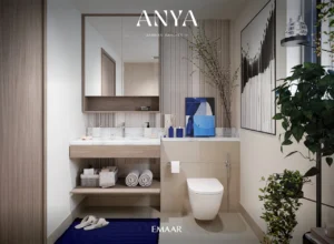 Anya at Arabian Ranches 3 by Emaar Properties contemporary bathroom interior with marble vanity wood finishes and modern fixtures in Dubai Presented by Tohid Fetrat
