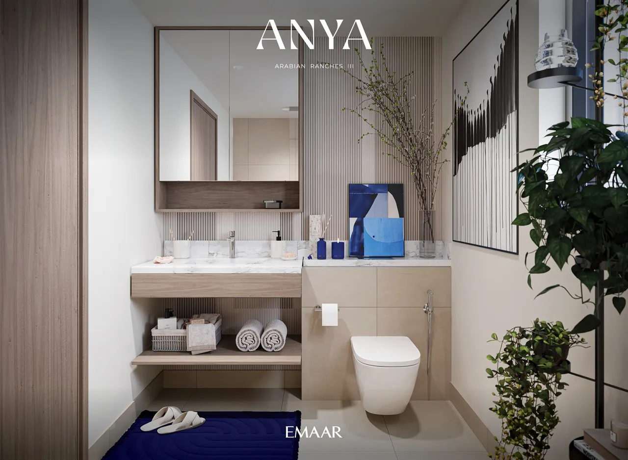 Anya at Arabian Ranches 3 by Emaar Properties contemporary bathroom interior with marble vanity wood finishes and modern fixtures in Dubai Presented by Tohid Fetrat