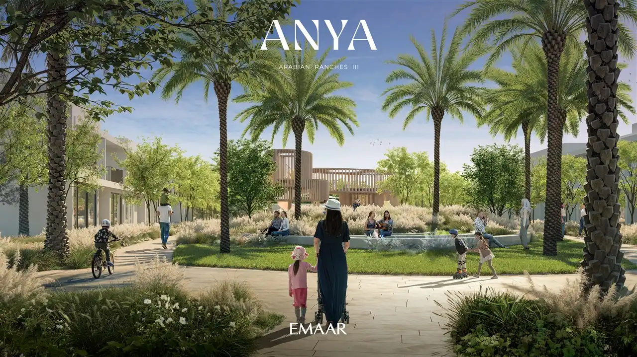 Anya at Arabian Ranches 3 by Emaar Properties landscaped community park with walking paths palm trees and family recreation spaces in Dubai Presented by Tohid Fetrat