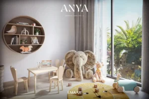 Anya at Arabian Ranches 3 by Emaar Properties children's room interior with educational furniture soft toys and garden views in Dubai Presented by Tohid Fetrat