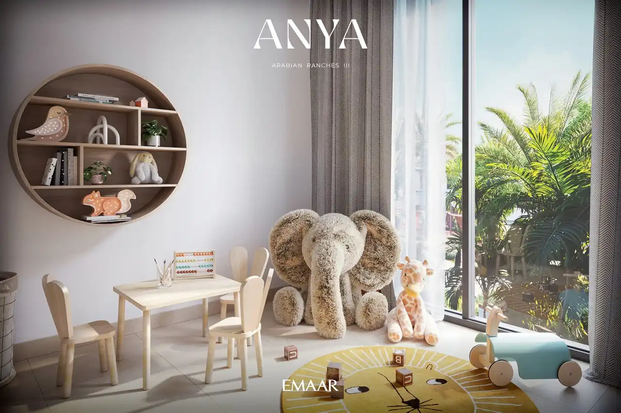 Anya at Arabian Ranches 3 by Emaar Properties children's room interior with educational furniture soft toys and garden views in Dubai Presented by Tohid Fetrat