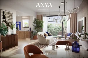 Anya at Arabian Ranches 3 by Emaar Properties contemporary living room interior with elegant furnishings garden views and floor to ceiling windows in Dubai Presented by Tohid Fetrat