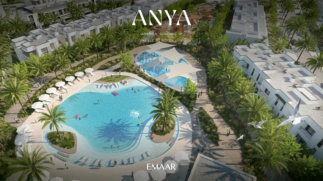 Anya at Arabian Ranches 3 by Emaar Properties aerial view of the resort style swimming pool with landscaped gardens and leisure spaces in Dubai Presented by Tohid Fetrat
