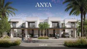 Anya at Arabian Ranches 3 by Emaar Properties contemporary townhouse front elevation with landscaped surroundings and private parking in Dubai Presented by Tohid Fetrat