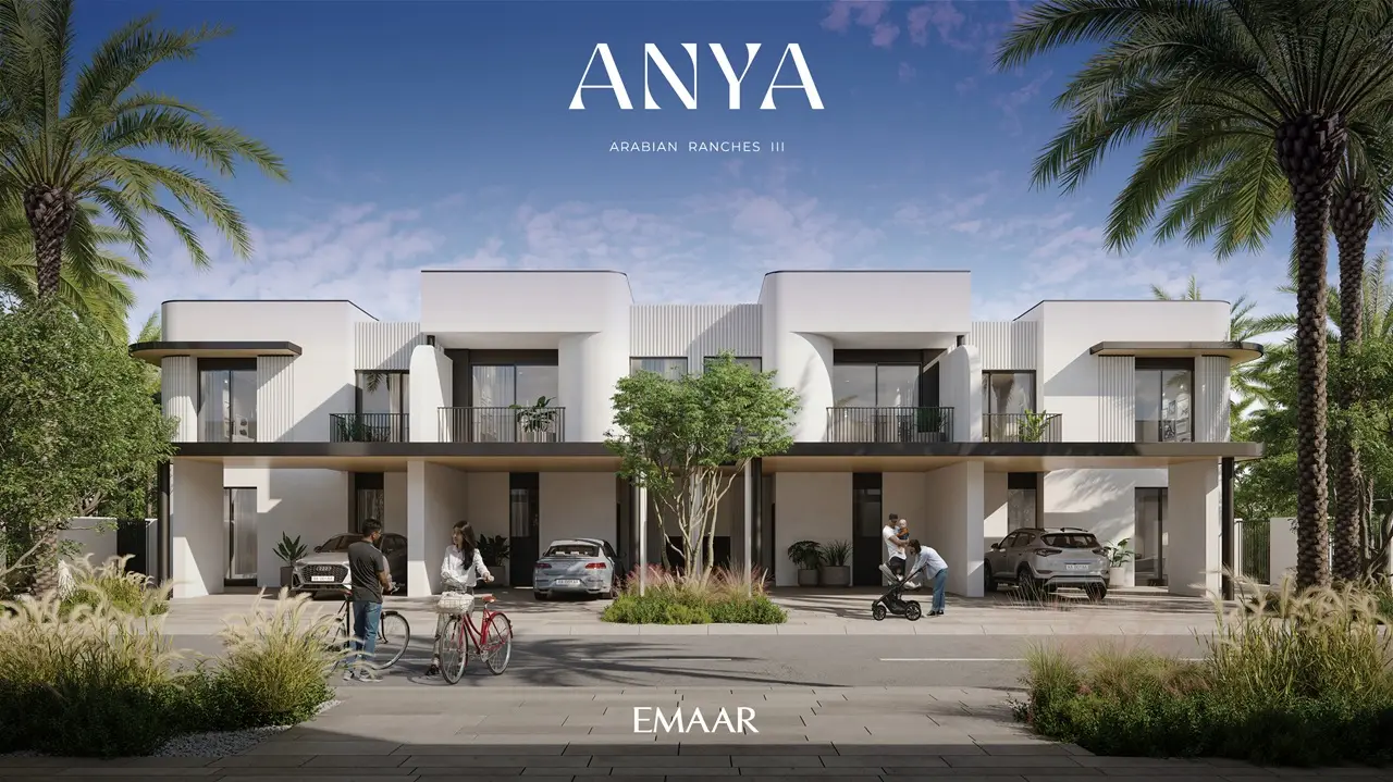 Anya at Arabian Ranches 3 by Emaar Properties contemporary townhouse front elevation with landscaped surroundings and private parking in Dubai Presented by Tohid Fetrat